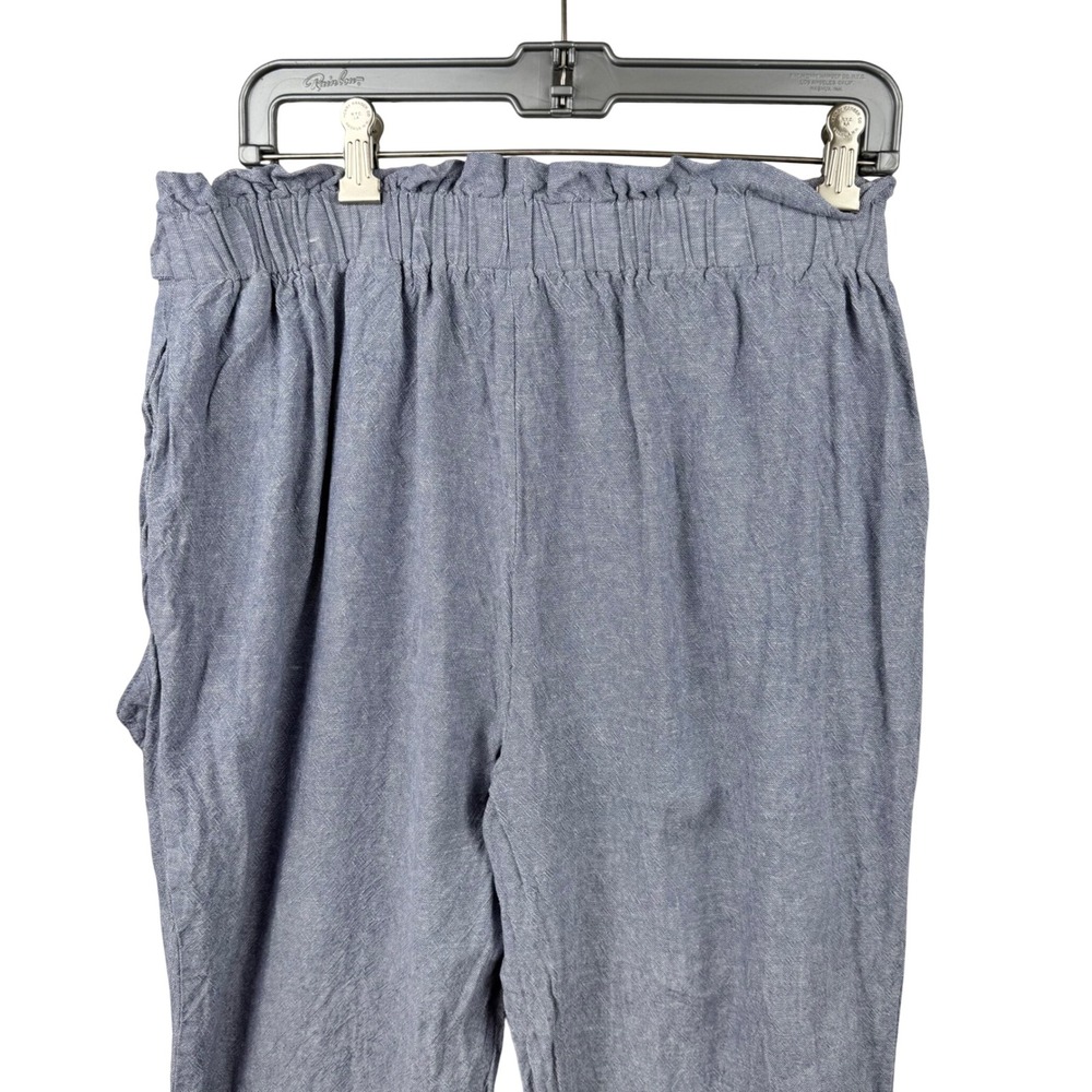 Anne Klein Paperbag Waist Pants Womens Large Blue Linen Blend Belted Casual Chic - Picture 7 of 13